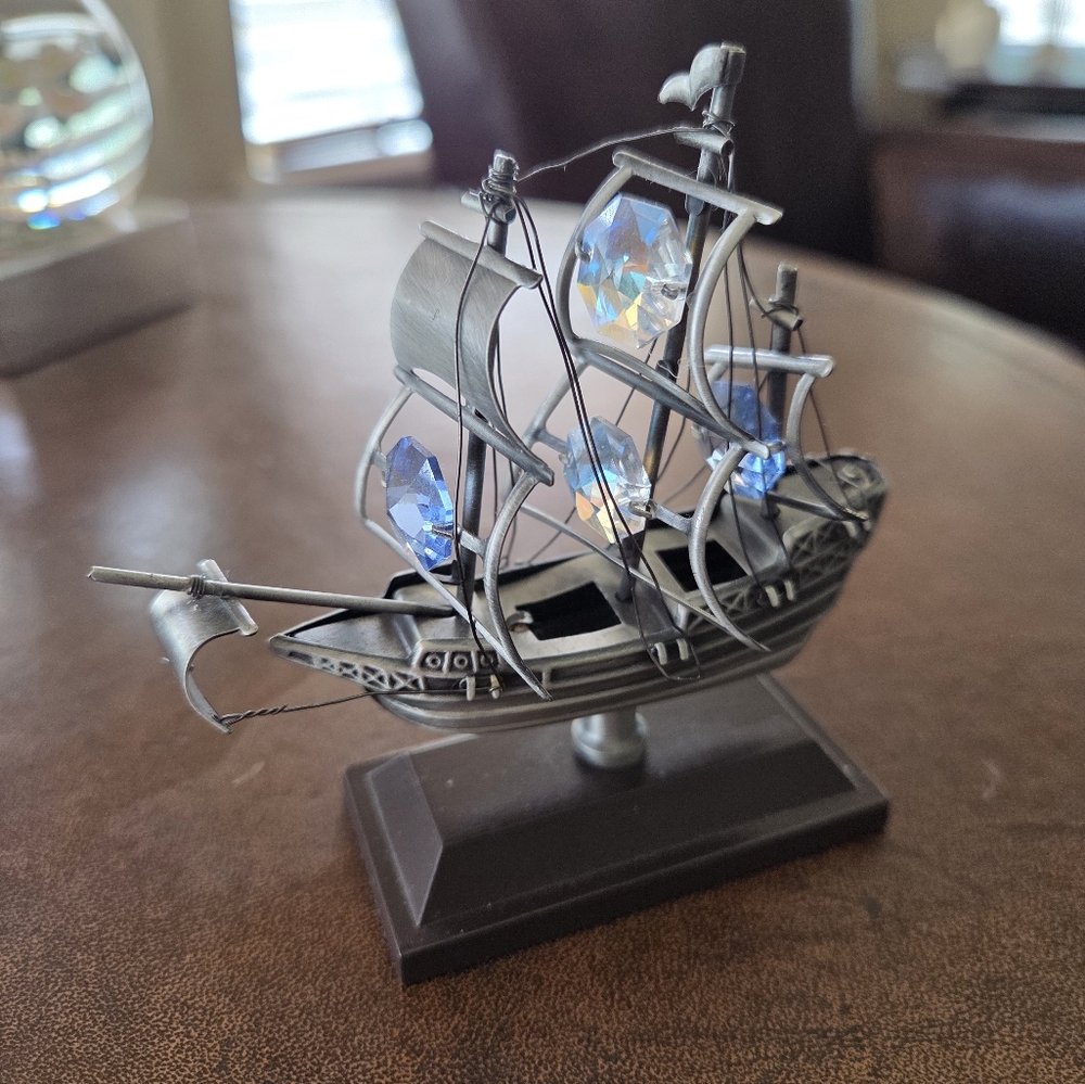Crystal Traditions Pewter Looking Ship With Swarovski Crystals On A Wood Base